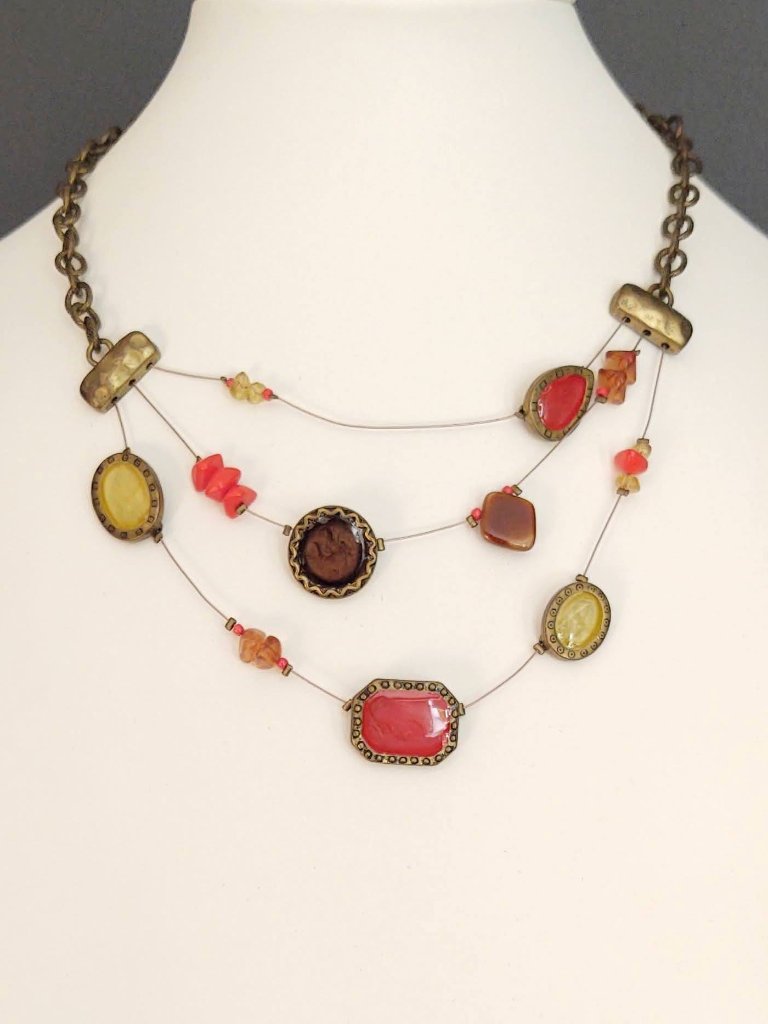 Yellow, Orange And Brown Enamel W/Beads Necklace